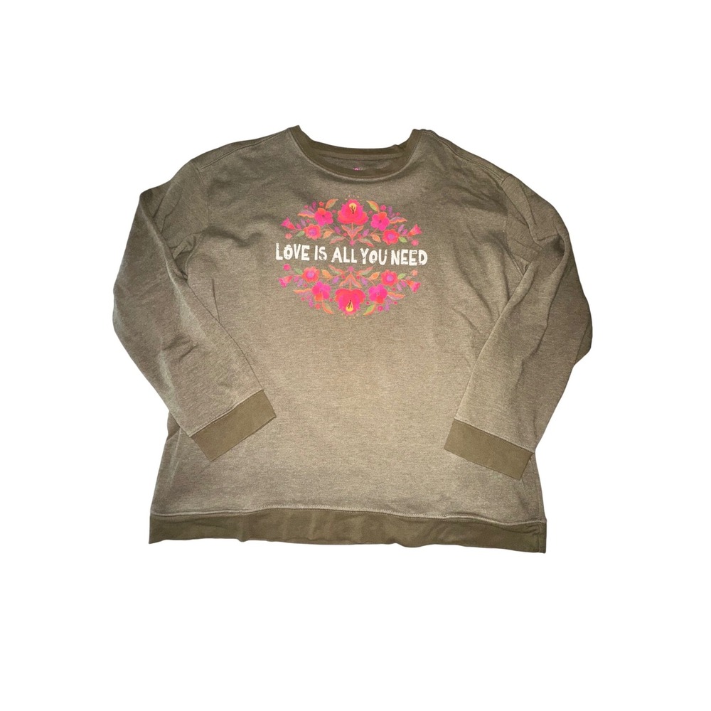 Natural Life crewneck love is all you need sweatshirt pockets Green size large